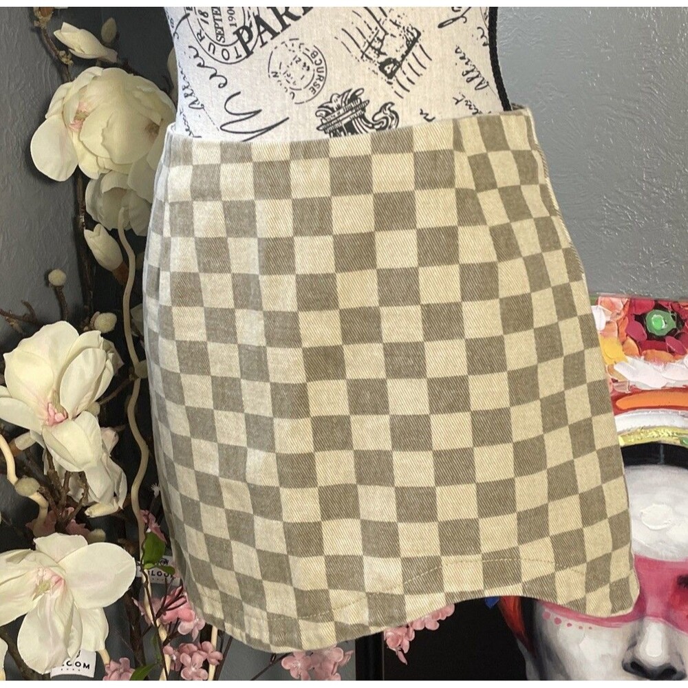 Juniper Blue Nova Check Brown Tan Mini Skirt Size Small S Denim Zip Closure - Picture 3 of 7